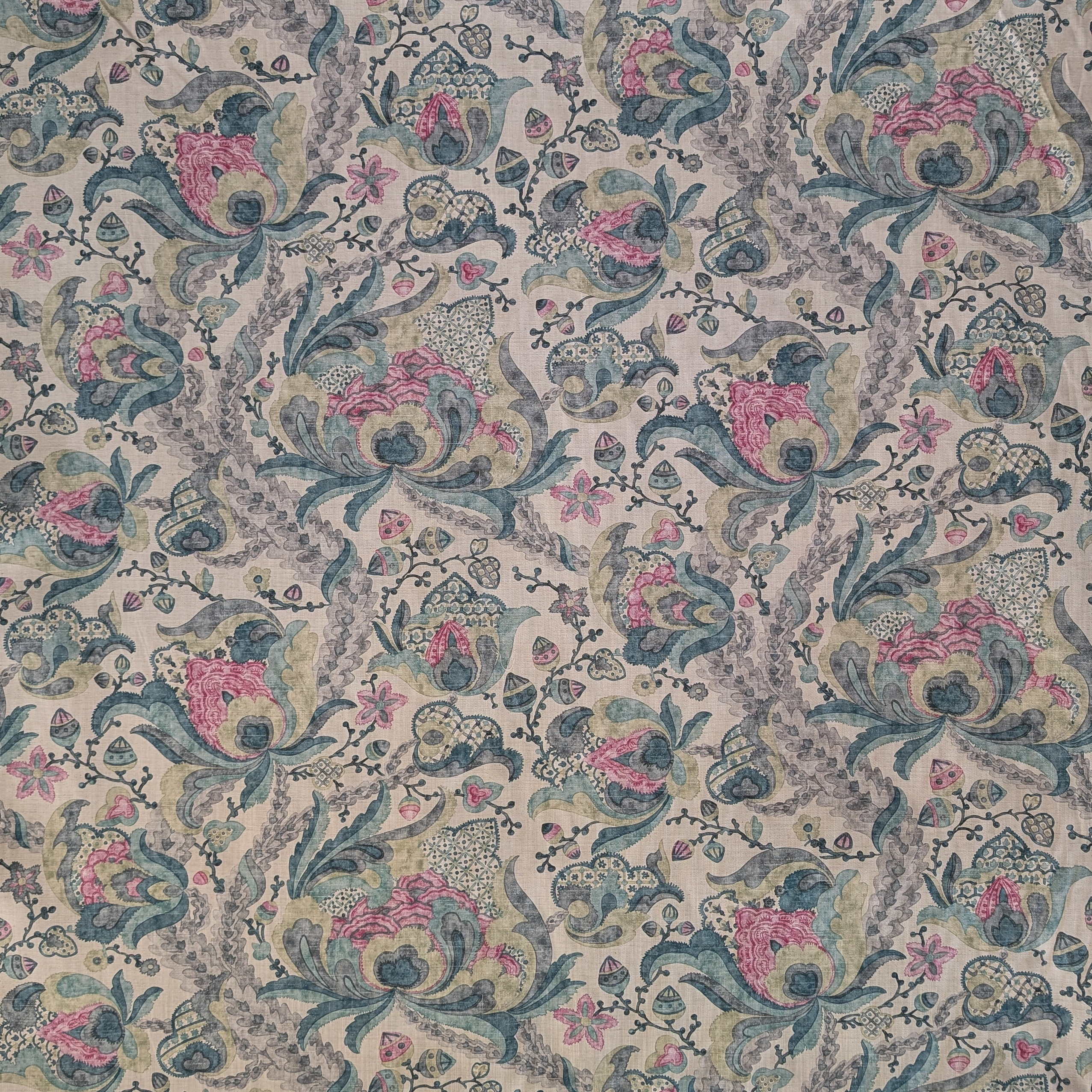 Decorative fabric pattern with floral and Jacobean designs in blue, pink, and beige.
