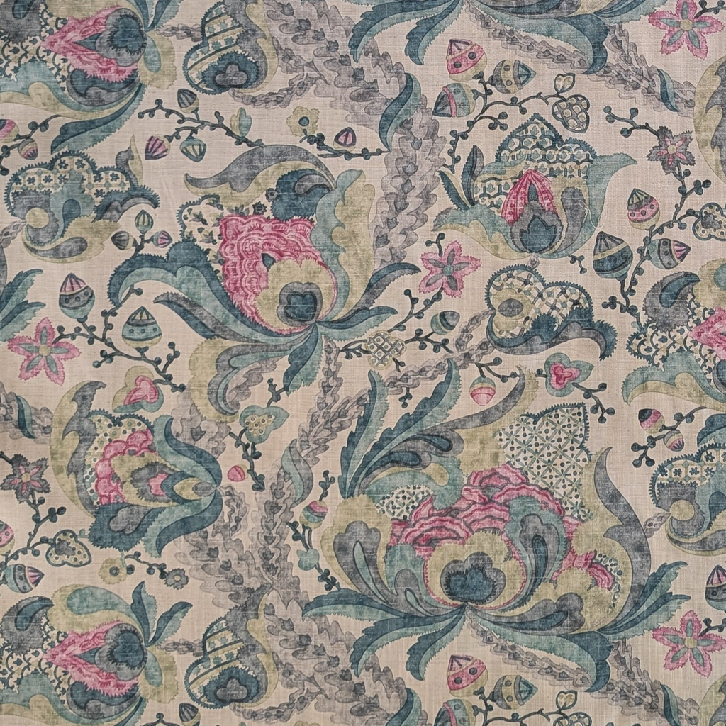 Decorative fabric pattern with floral and Jacobean designs in blue, pink, and beige.