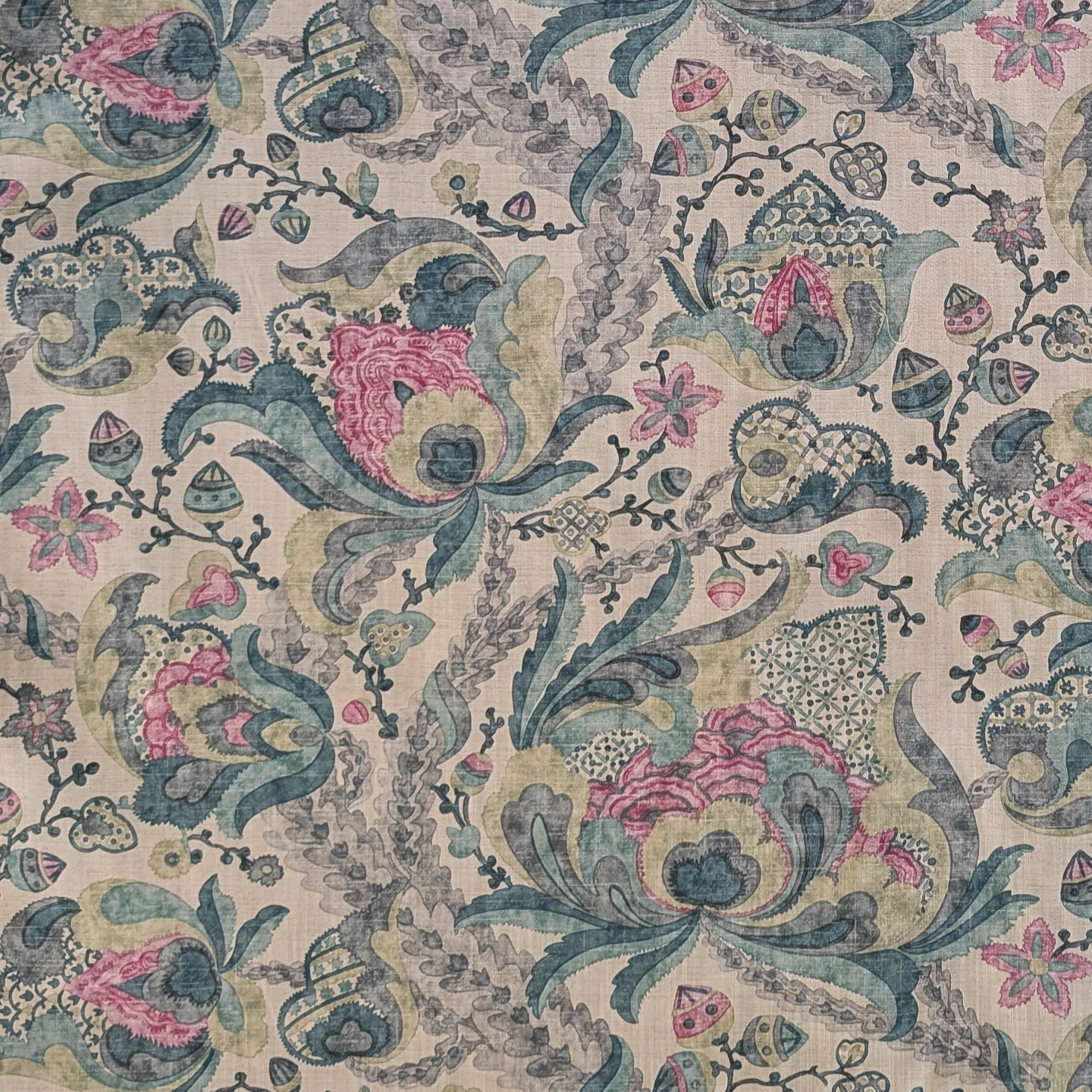 Decorative fabric pattern with floral and Jacobean designs in blue, pink, and beige.