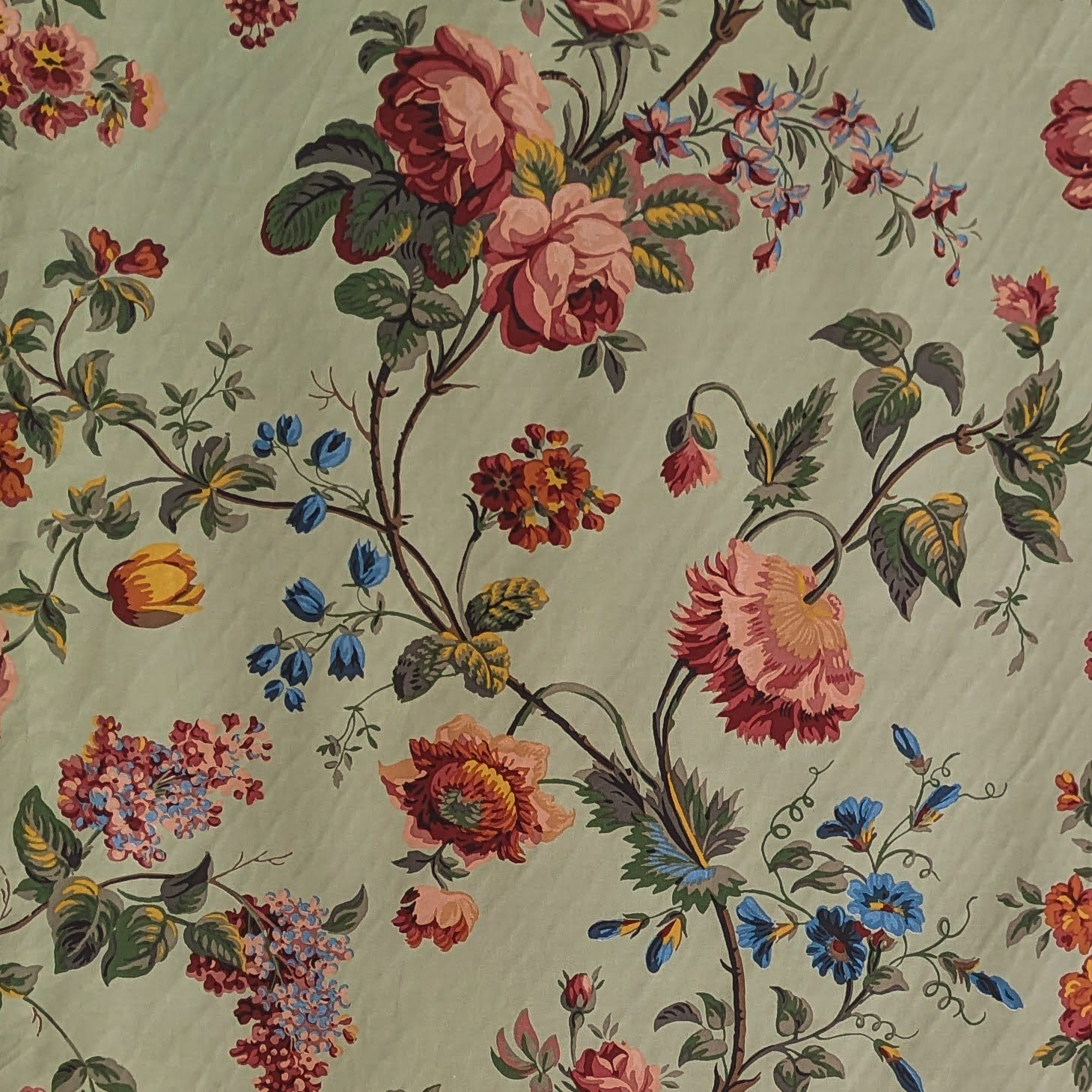 Traditional floral vine fabric design with duck egg background 