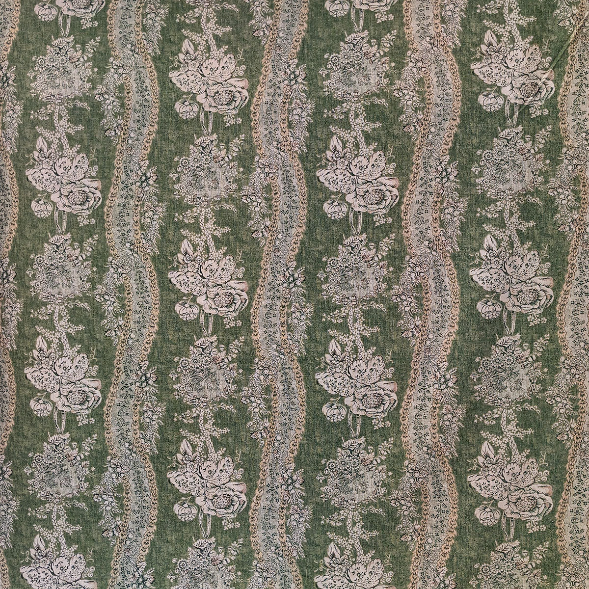 Decorative fabric with floral pattern on a green background