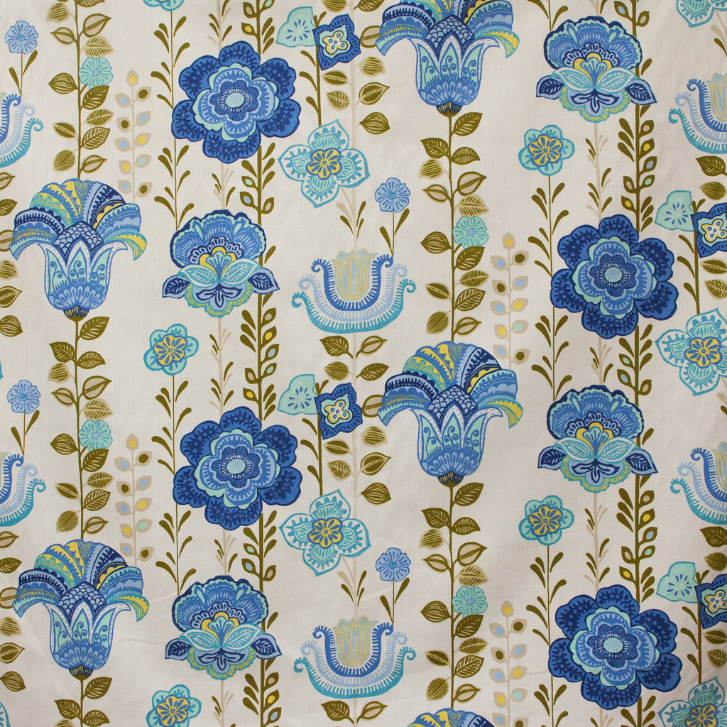 Patterned fabric with blue and green floral design on a beige background