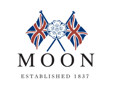 Logo of MOON with crossed flags and a flower design on a white background