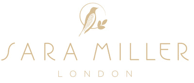 Logo of Sara Miller London with a stylized bird and leaf design on a white background