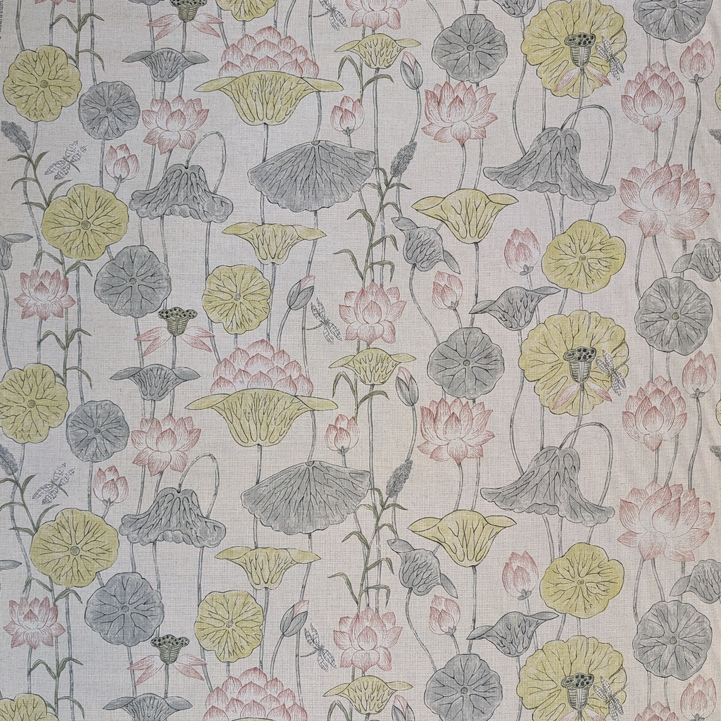 Patterned fabric with floral design on a light gray background