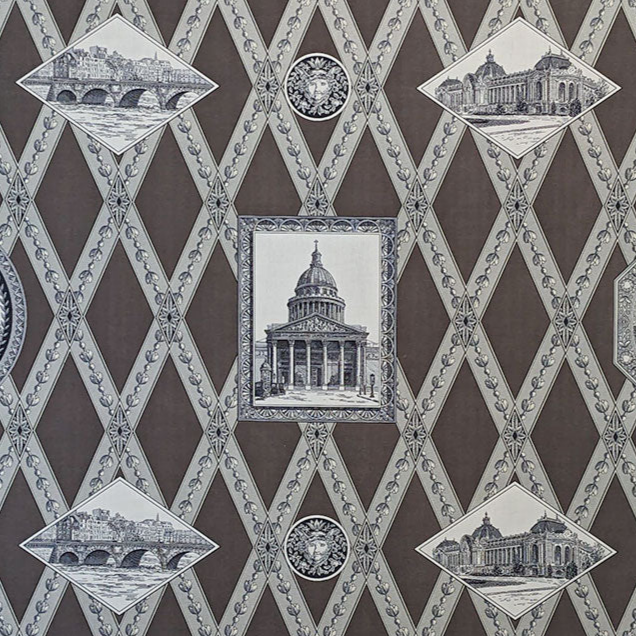 Decorative fabric with architectural illustrations and geometric pattern on a brown background