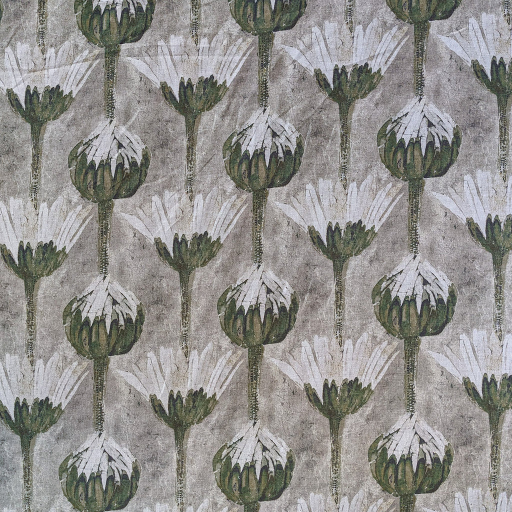 Pattern of green and white floral shapes on a textured gray background