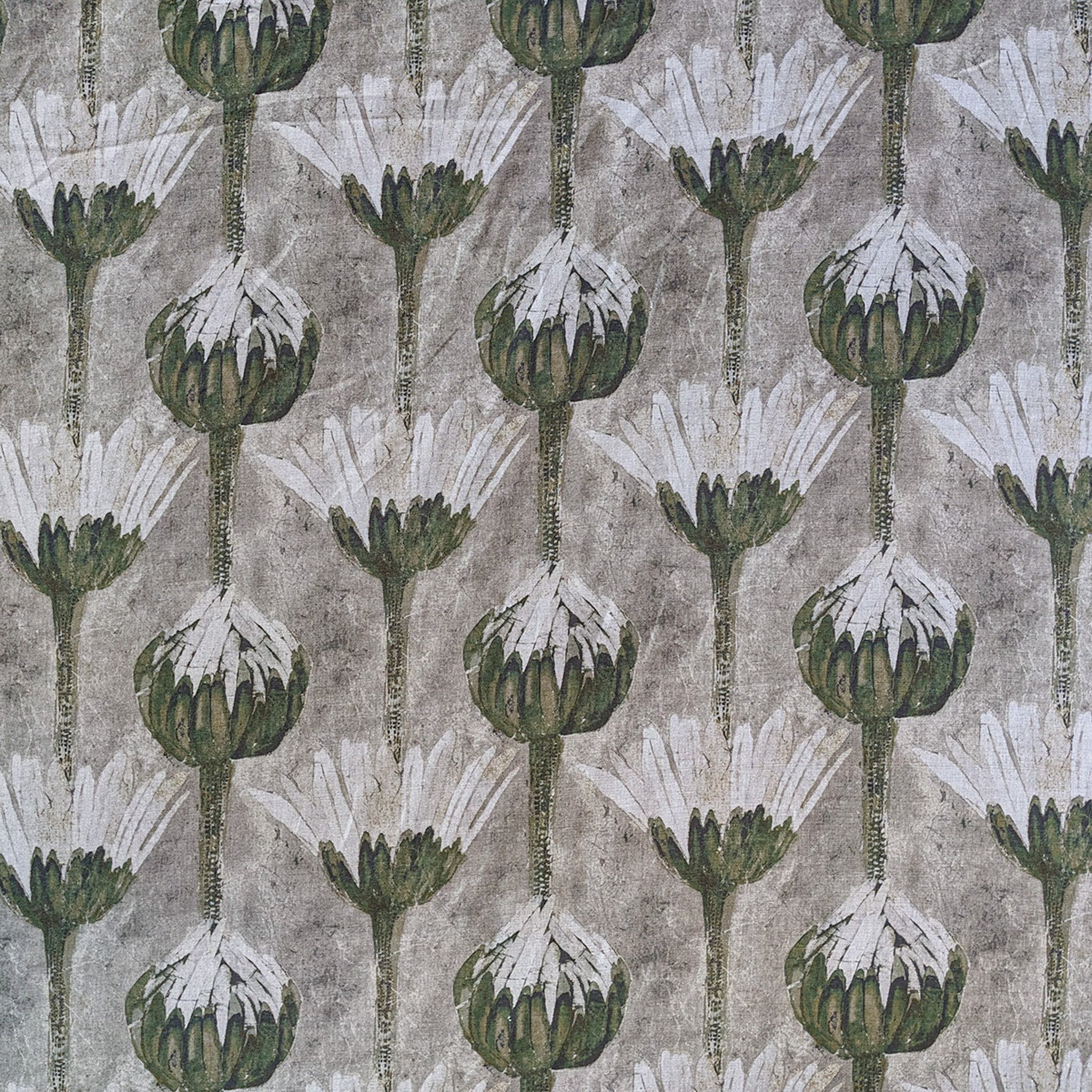 Pattern of green and white floral shapes on a textured gray background