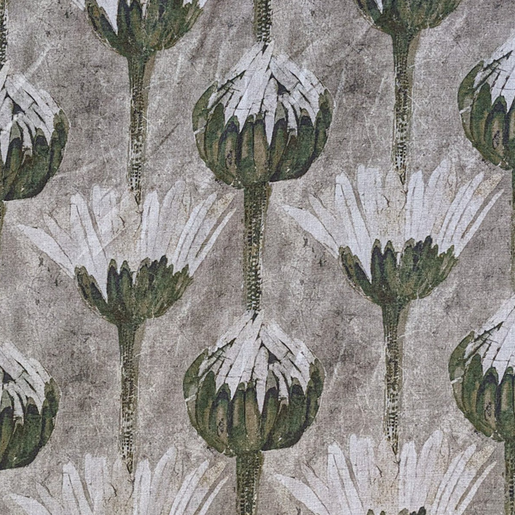 Pattern of green and white floral shapes on a textured gray background