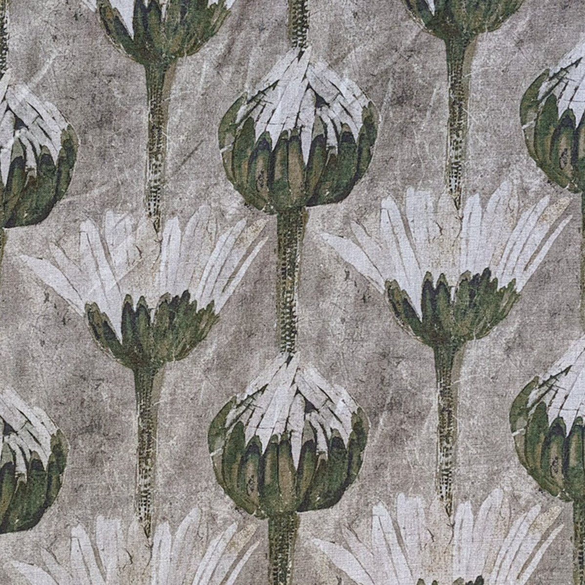 Pattern of green and white floral shapes on a textured gray background