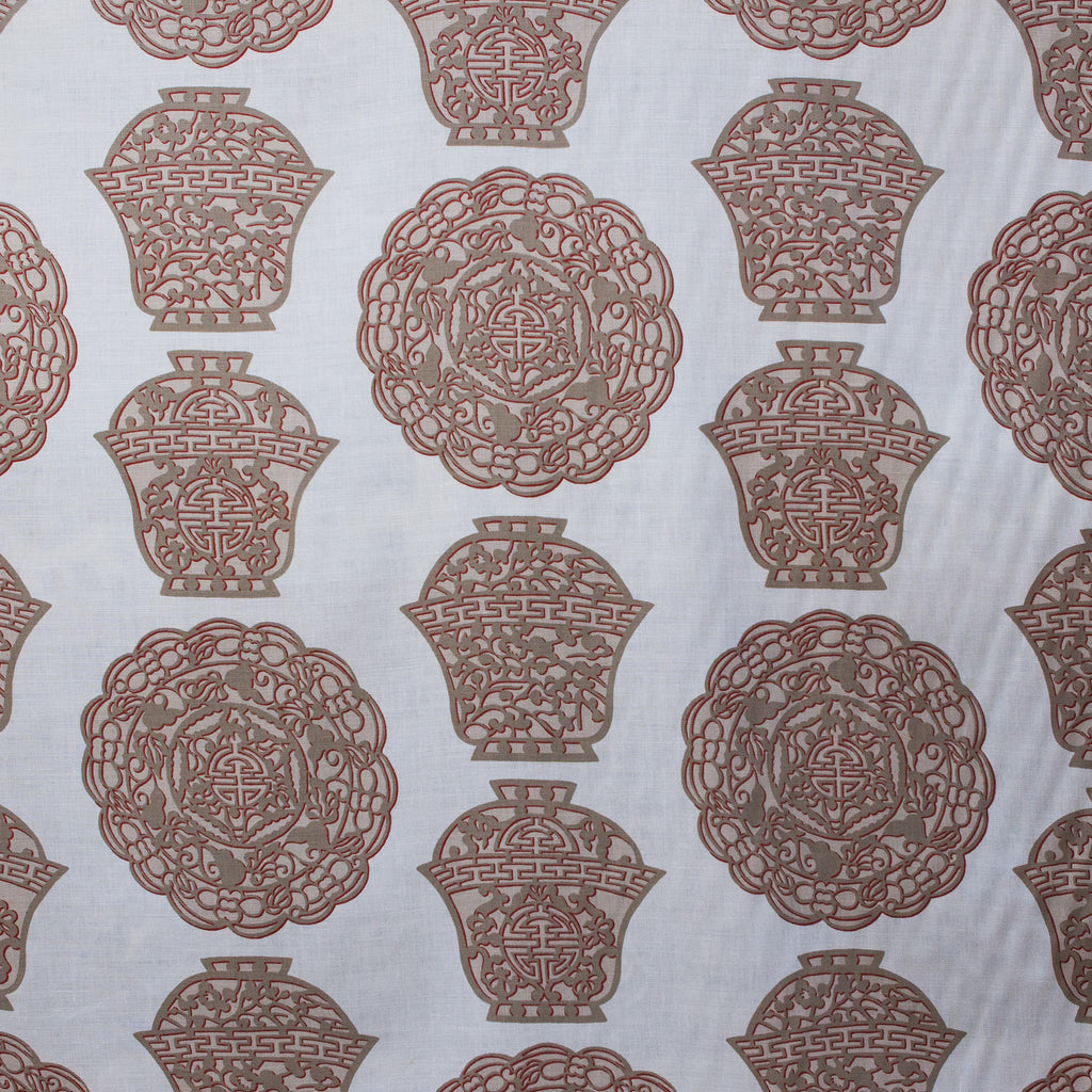 Pattern of decorative vases and circular designs on a white background