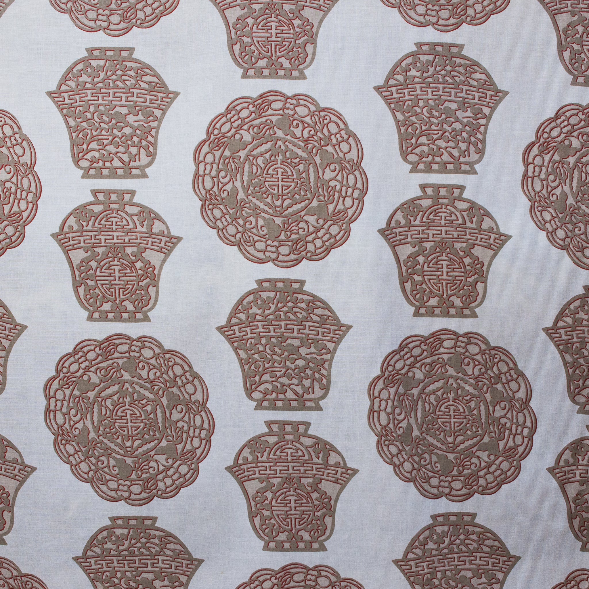 Pattern of decorative vases and circular designs on a white background