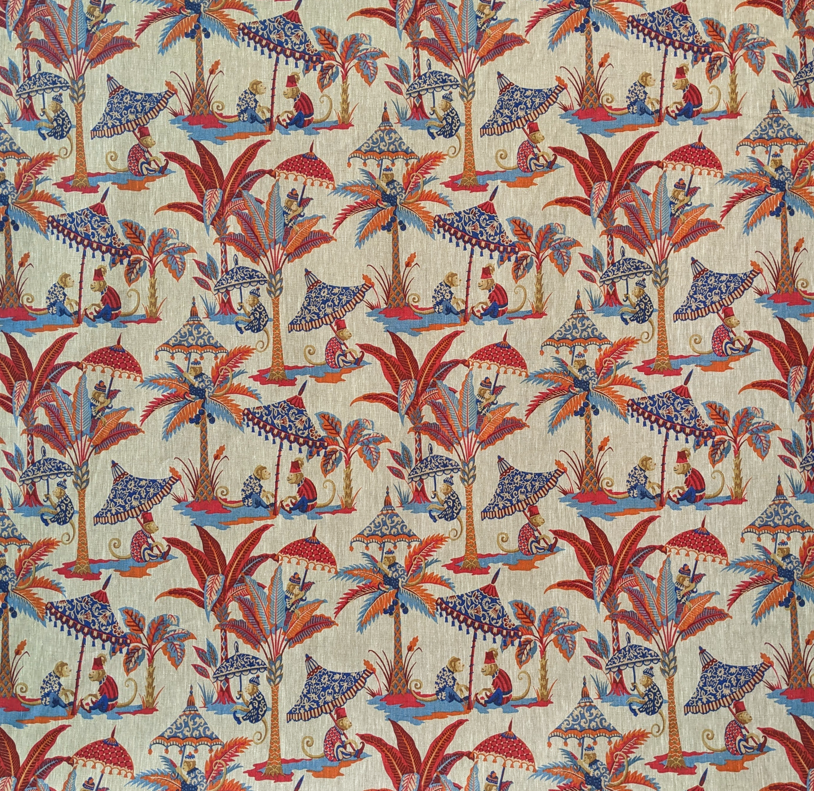 Colorful fabric pattern with palm trees, monkeys, and boats on a beige background
