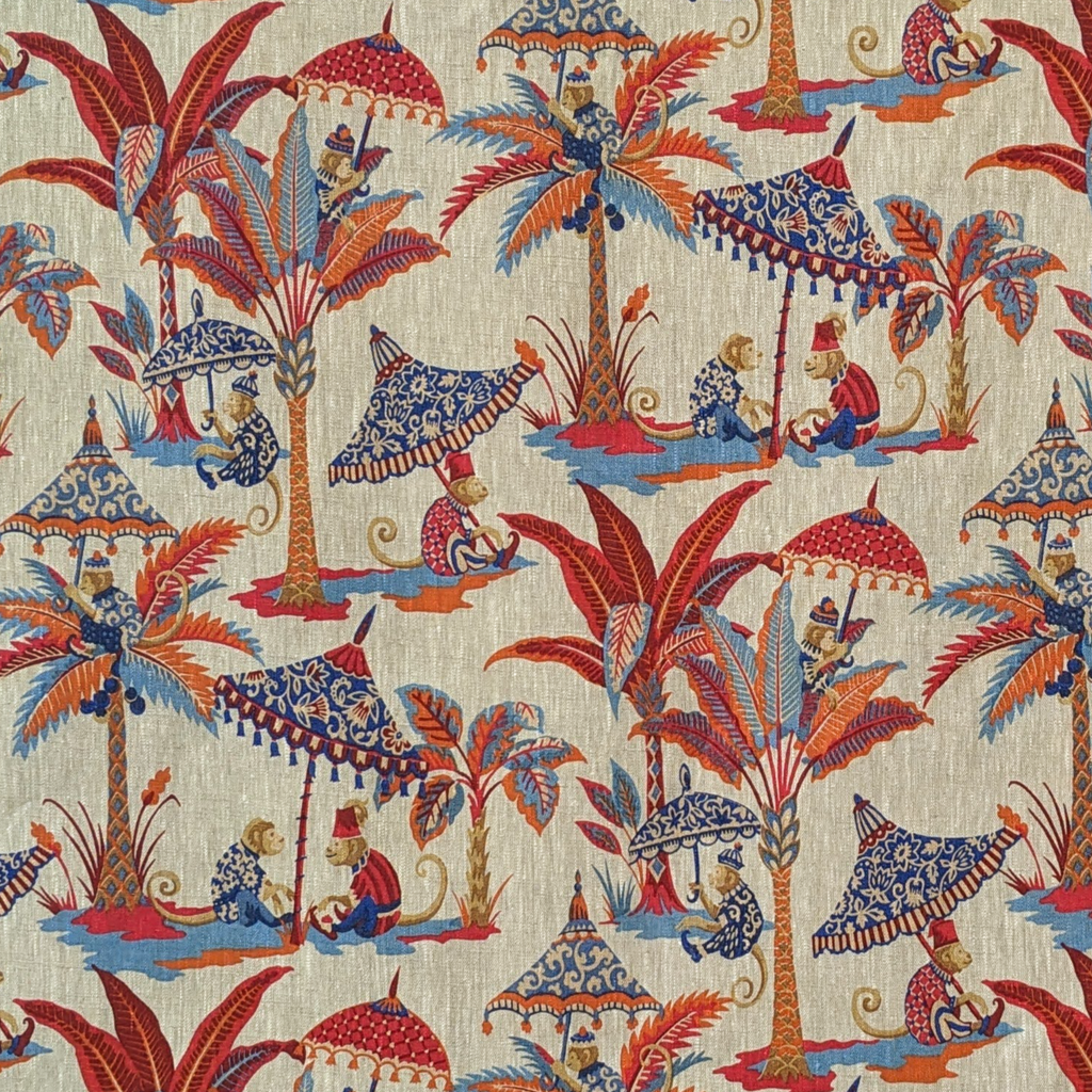 Colorful fabric pattern with palm trees, monkeys, and umbrellas on a beige background