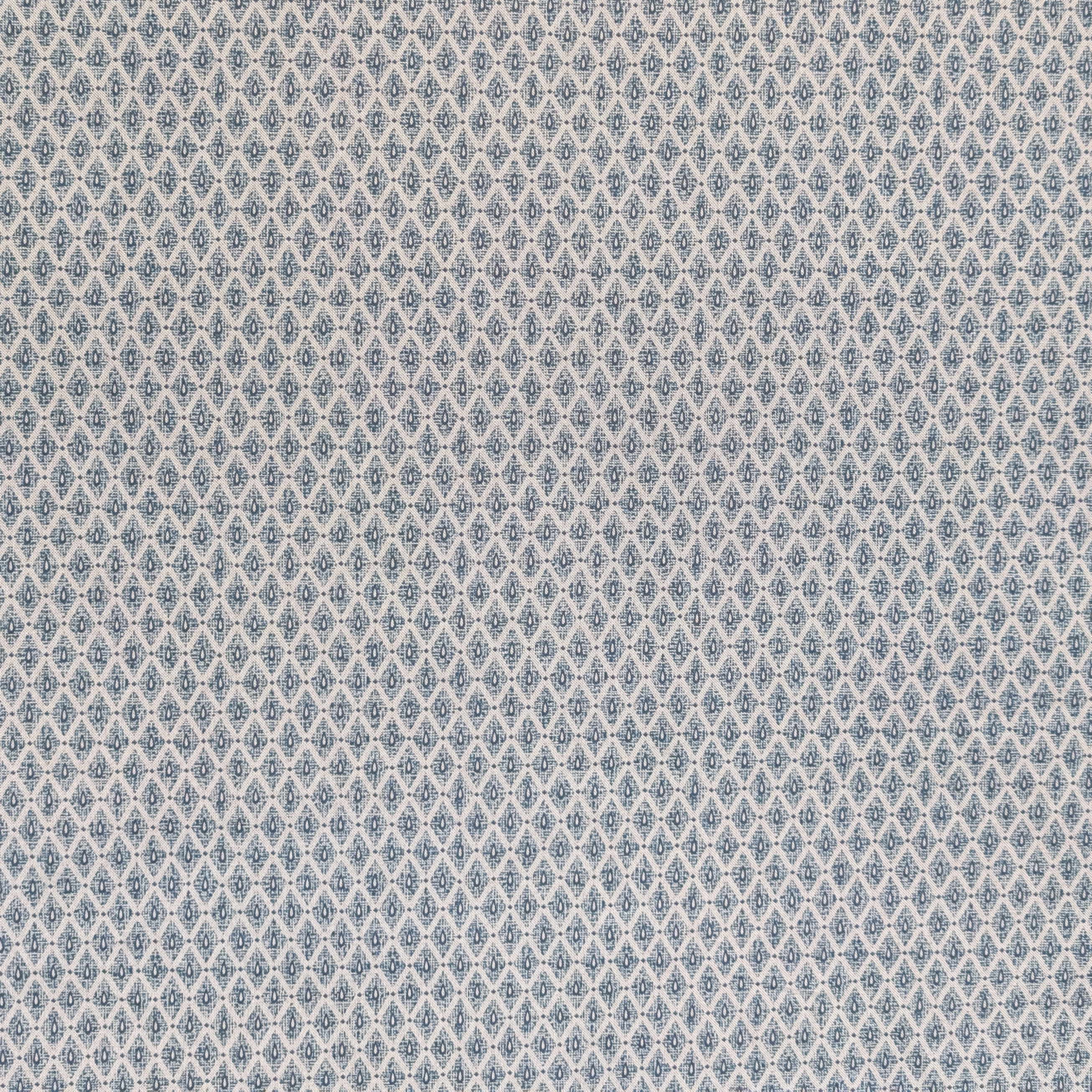 Patterned fabric swatch with blue and beige design