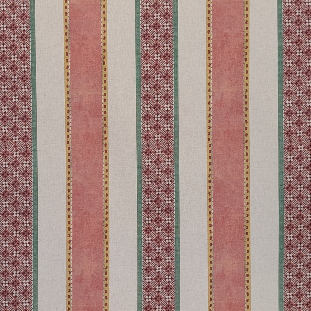 Striped fabric pattern with red, green, and beige colors on a neutral background