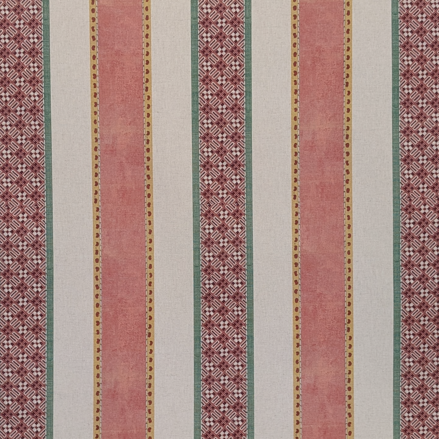 Striped fabric pattern with red, green, and beige colors on a neutral background