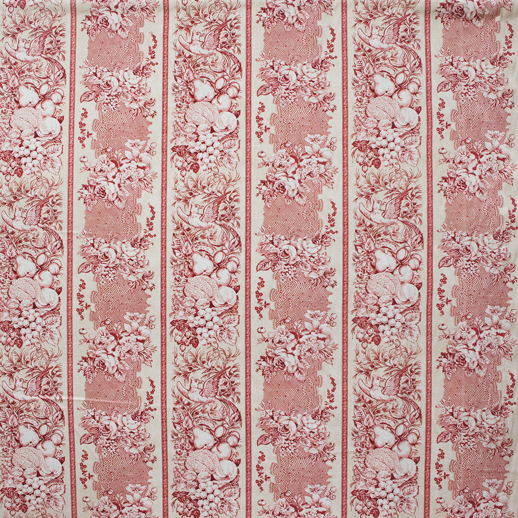 Patterned fabric with red and white floral design on a striped background