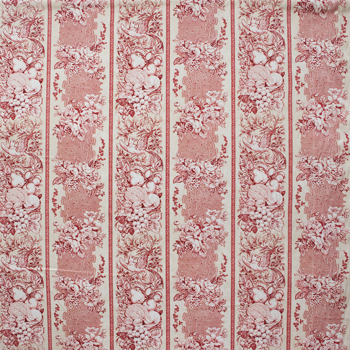 Patterned fabric with red and white floral design on a striped background