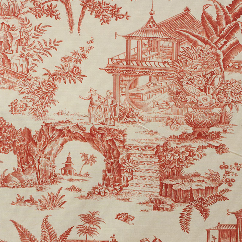 Red and beige toile fabric with garden scene design on fabric