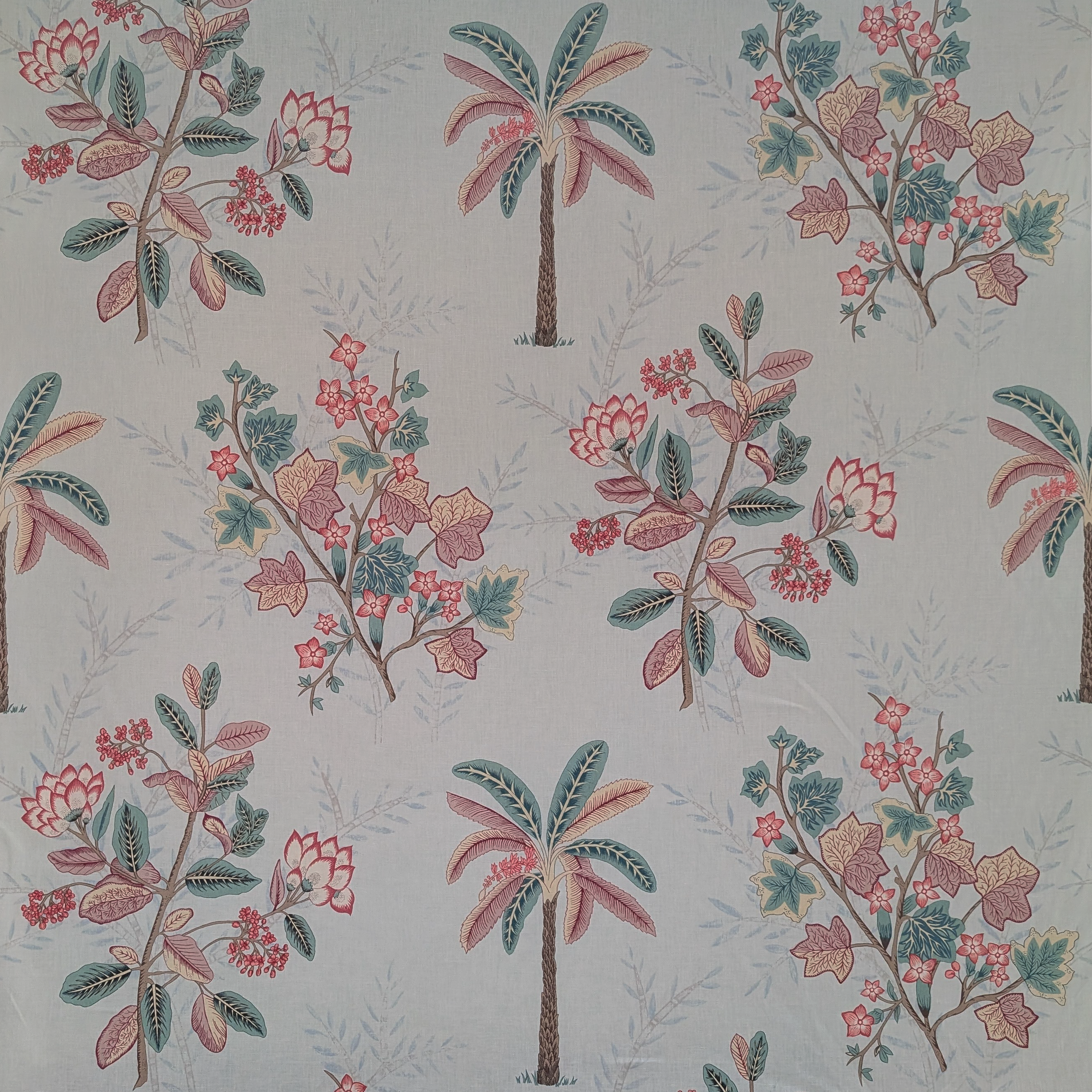 Pattern of palm trees and floral branches on a light background