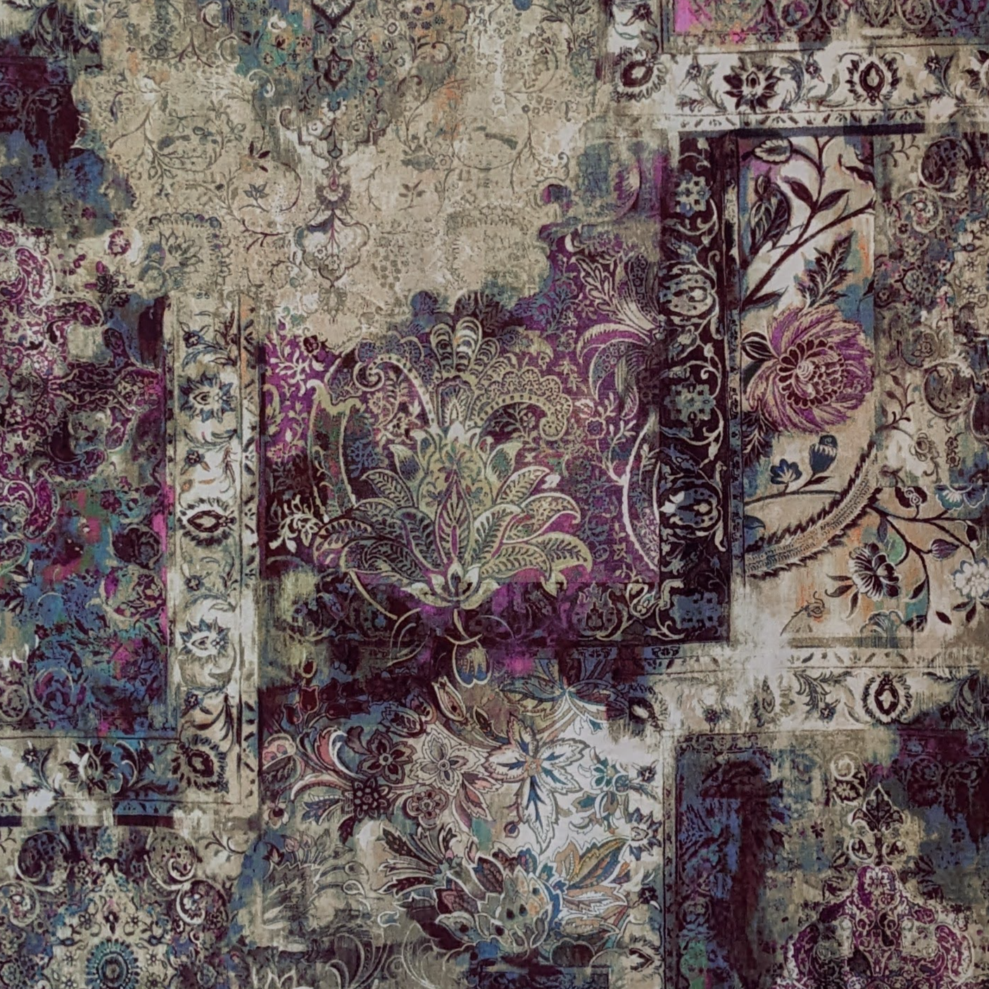 Persian-patterned velvet fabric with a mix of purple, beige, and green colors.