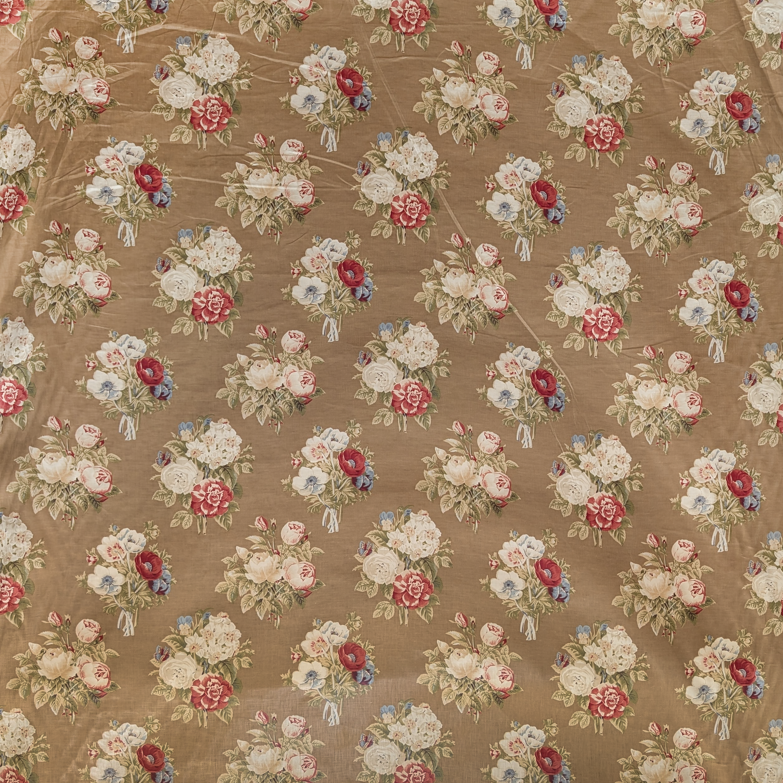 Traditional bouquet of white and red flowers on brown background 