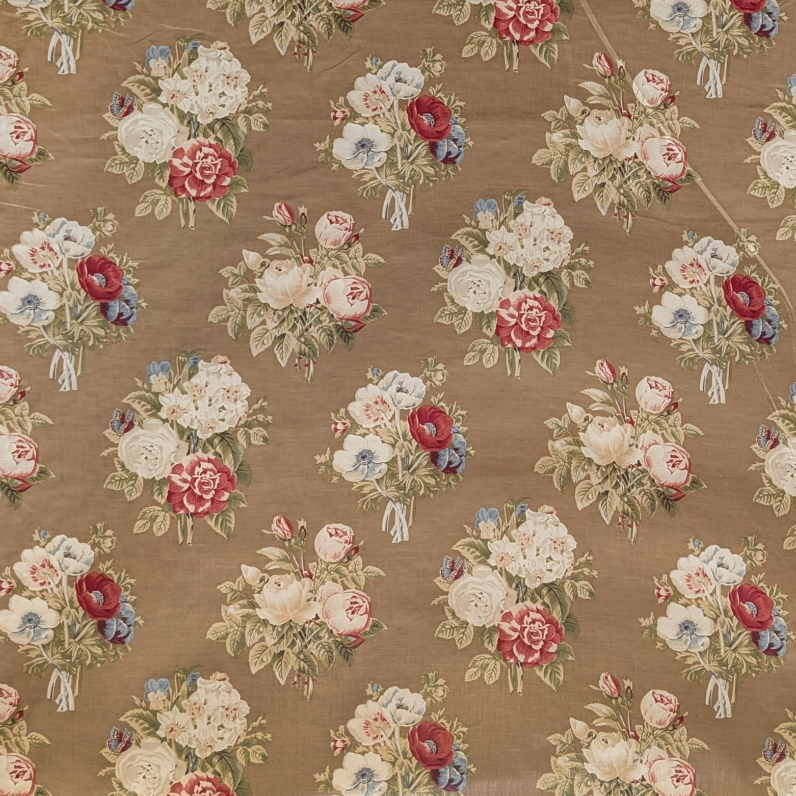 Traditional bouquet of white and red flowers on brown background 