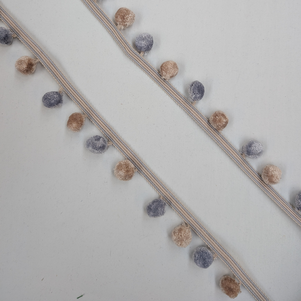 Blue and cream pom pom trim