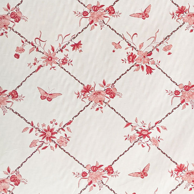 Pink and white trellis design with flowers and butterfly fabric
