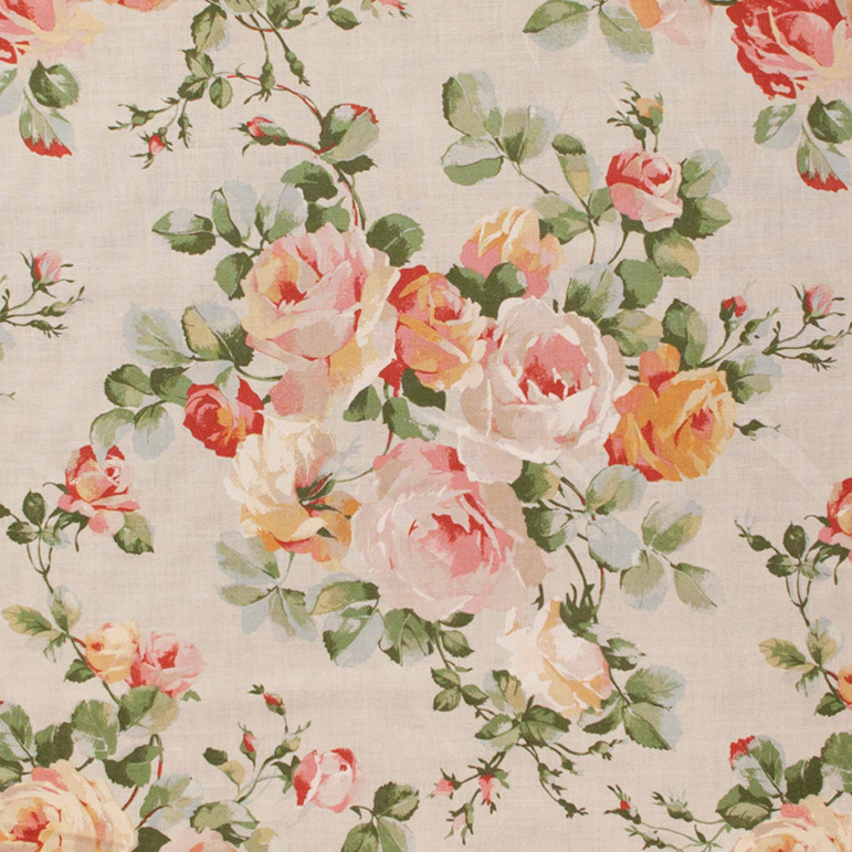 Floral pattern with pink, yellow, and green roses on a beige background