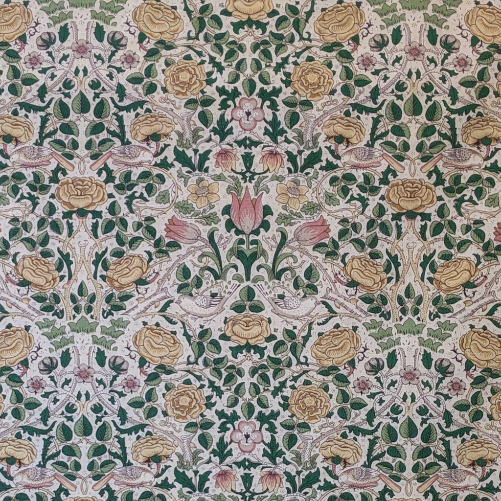 Detailed floral and leaf pattern with roses and tulips on a textured background