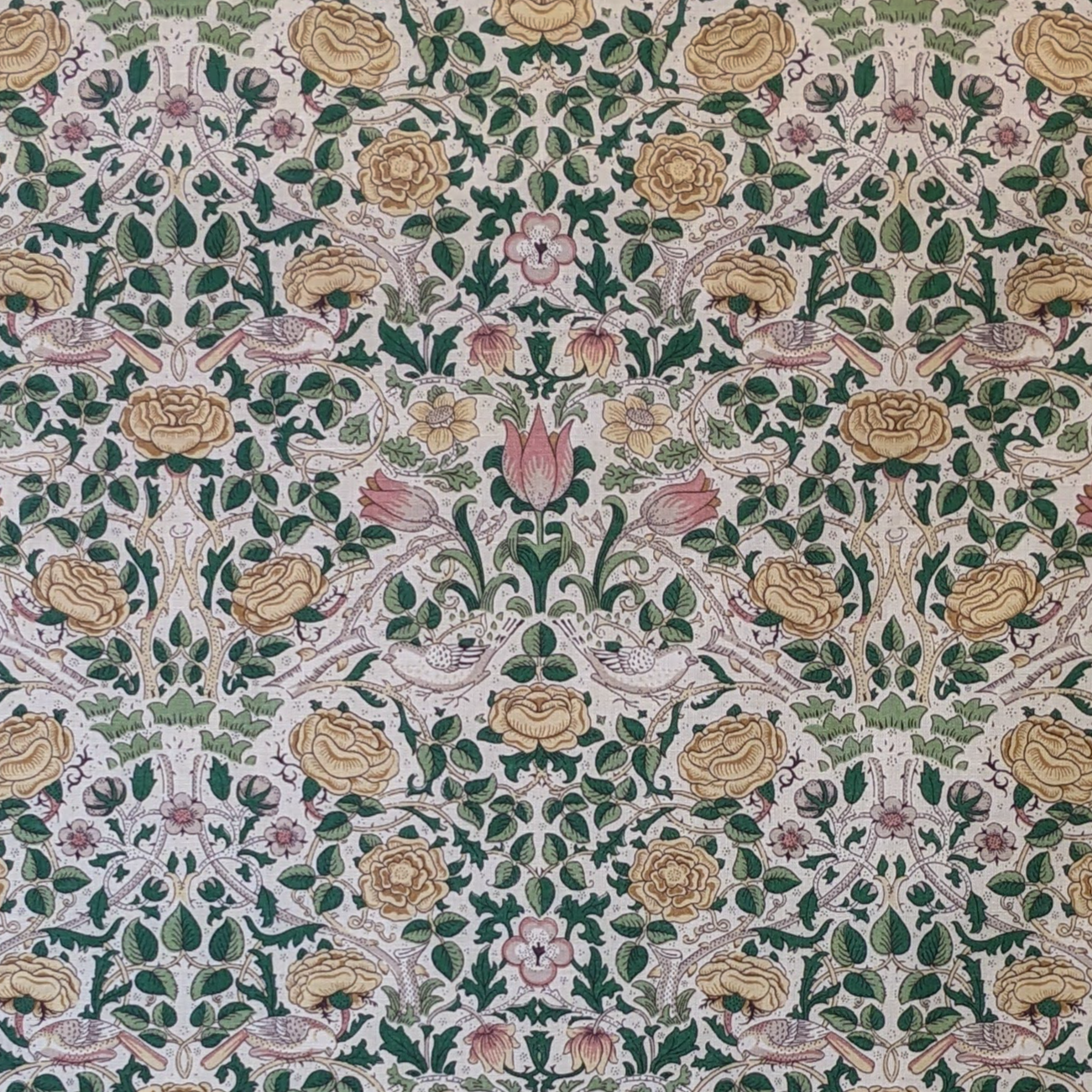 Detailed floral and leaf pattern with roses and tulips on a textured background