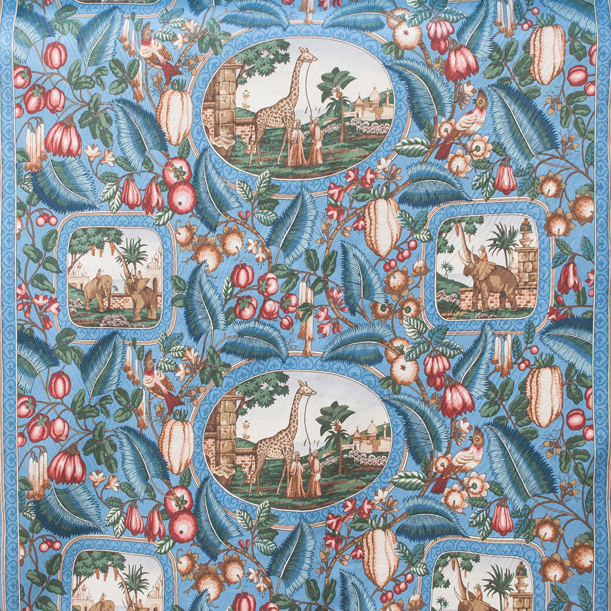 Decorative fabric pattern with animals, fruits, and leaves on a blue background