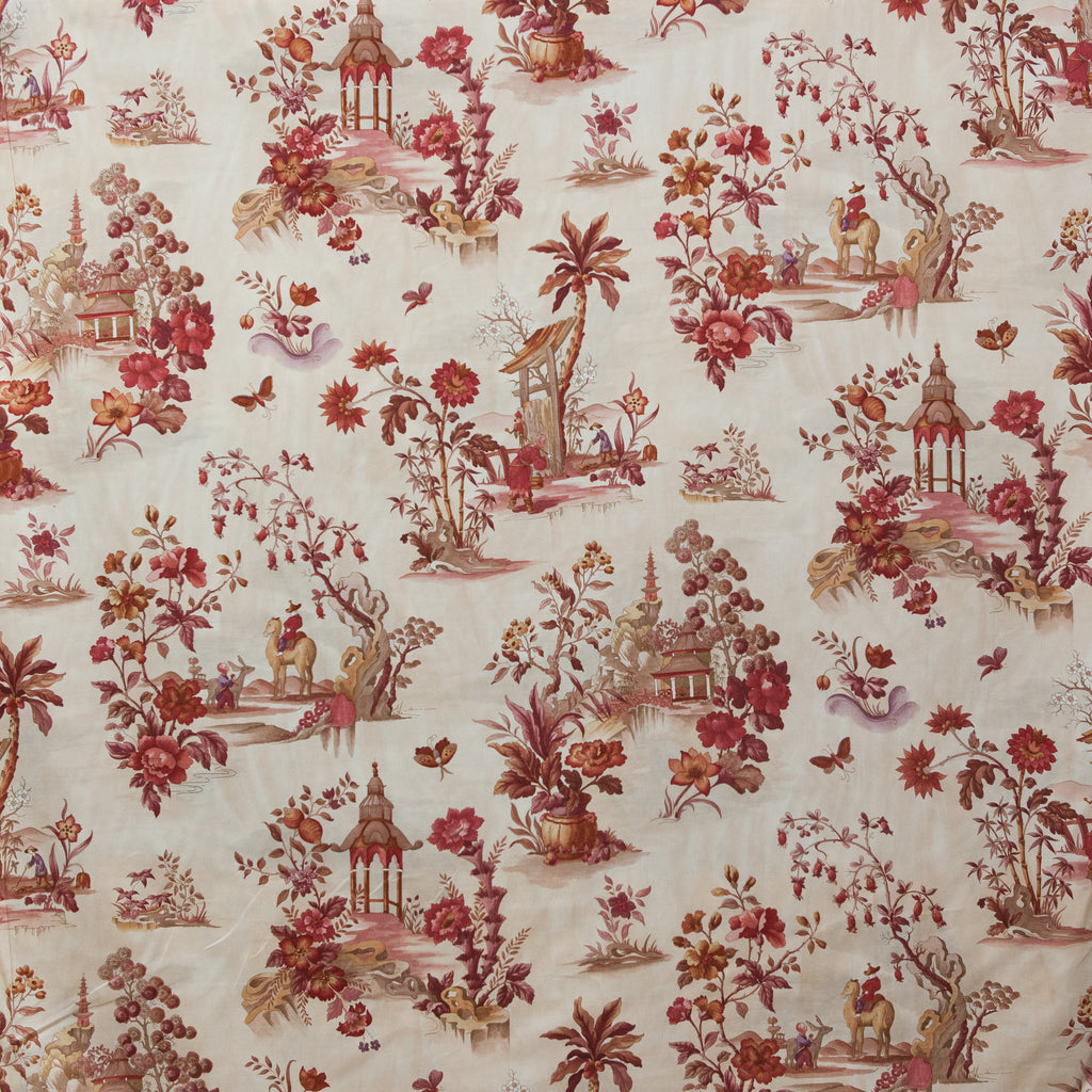Decorative fabric with floral and toile pattern on a beige background
