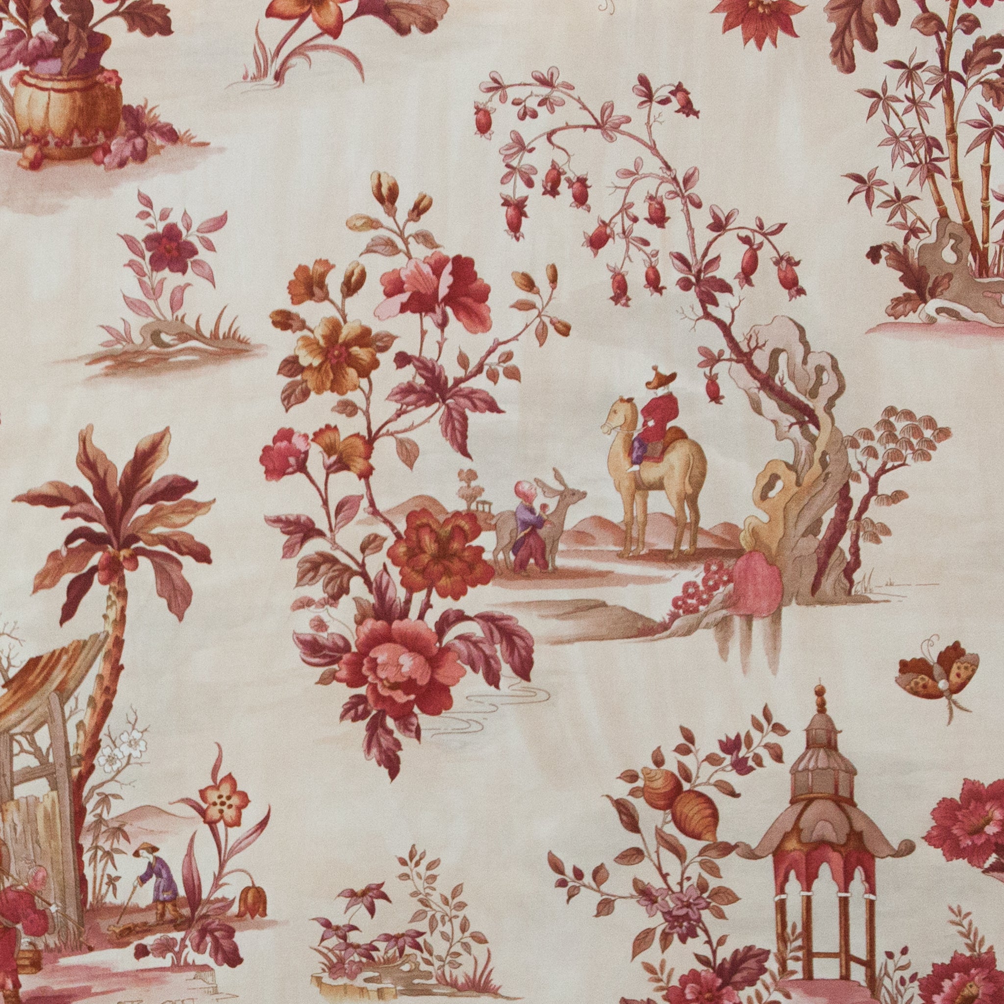 Vintage-style wallpaper with floral and landscape design on a beige background