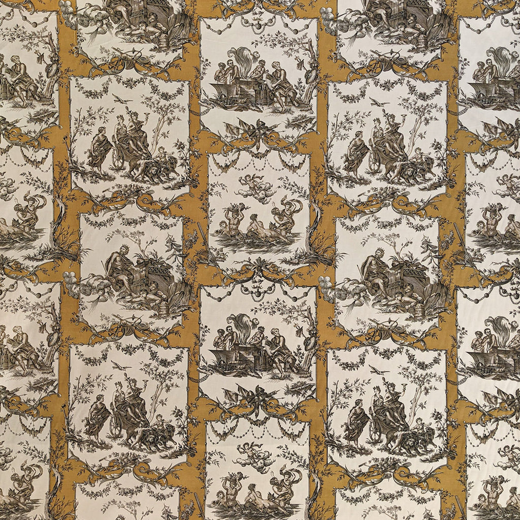 Patterned fabric with classical scenes and gold accents