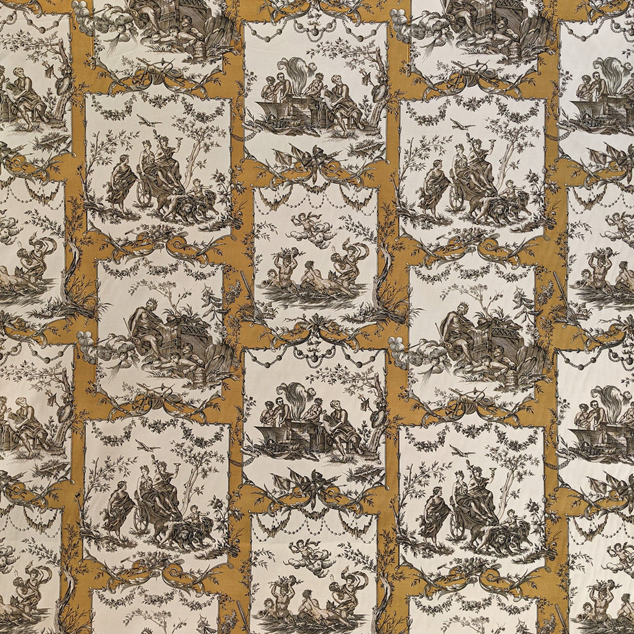 Patterned fabric with classical scenes and gold accents
