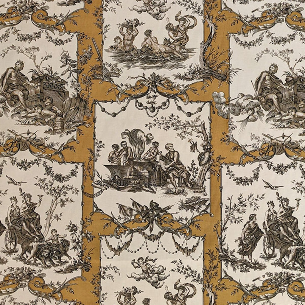 Patterned fabric with classical scenes and decorative elements on a beige background