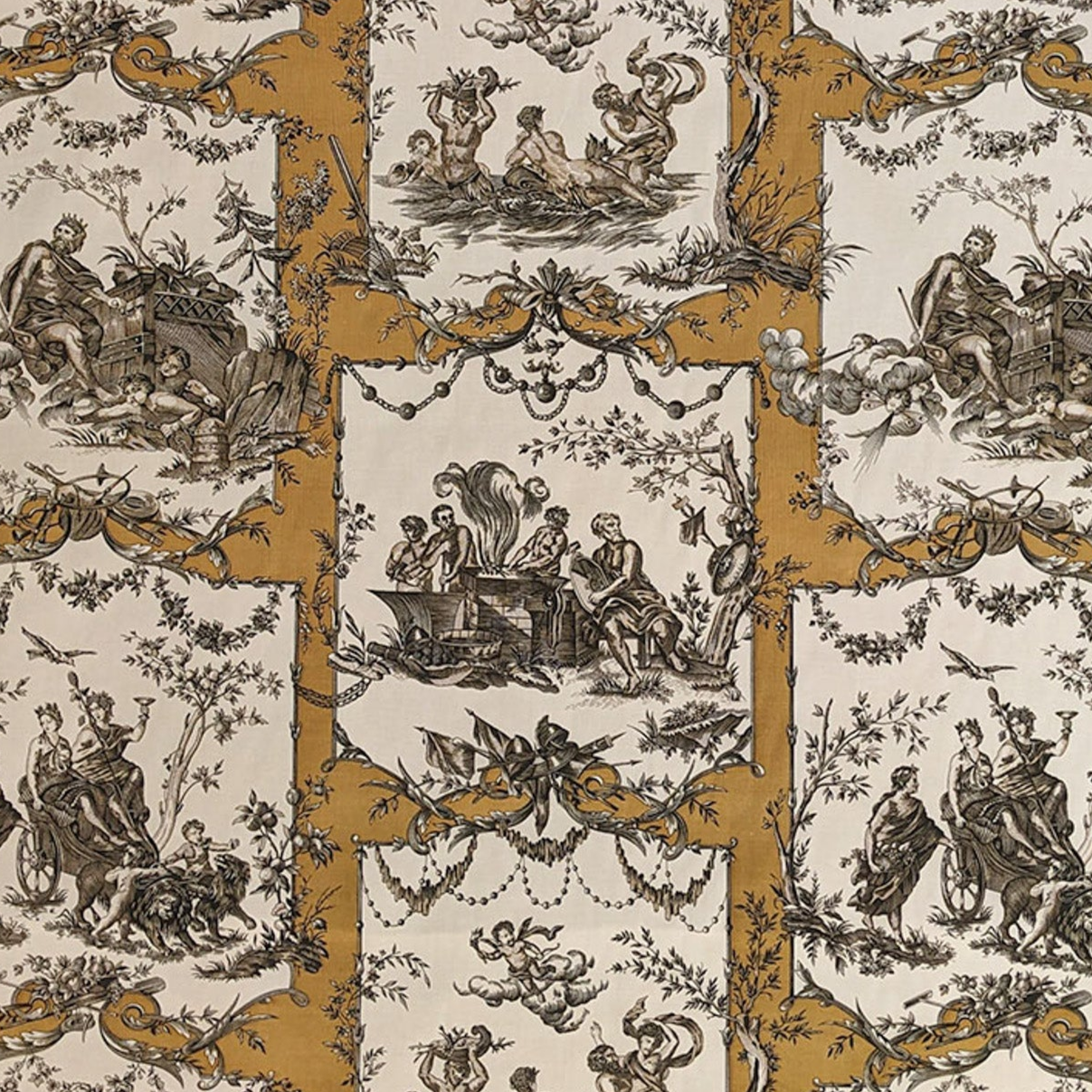 Patterned fabric with classical scenes and decorative elements on a beige background