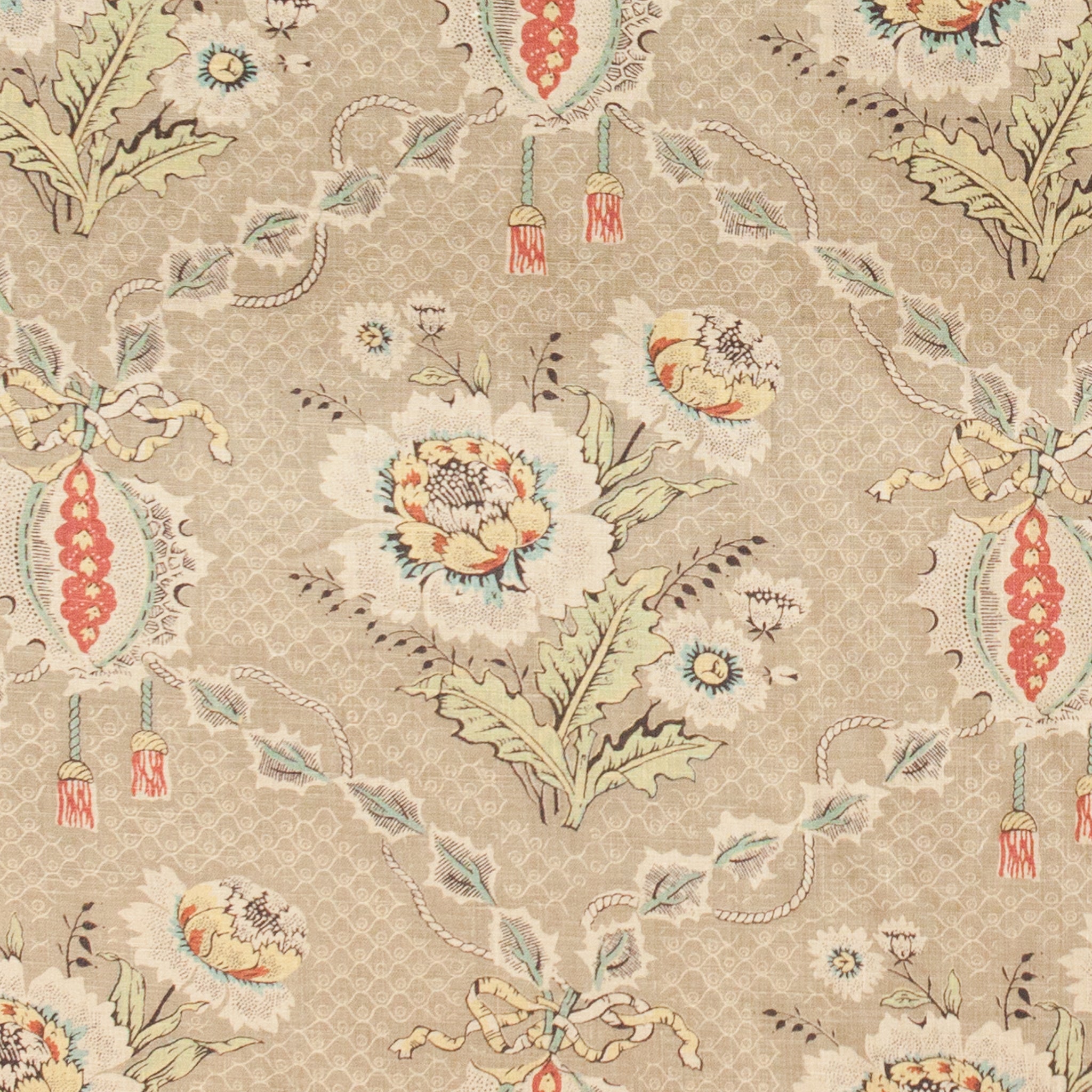 Decorative fabric pattern with flowers and leaves on a beige background
