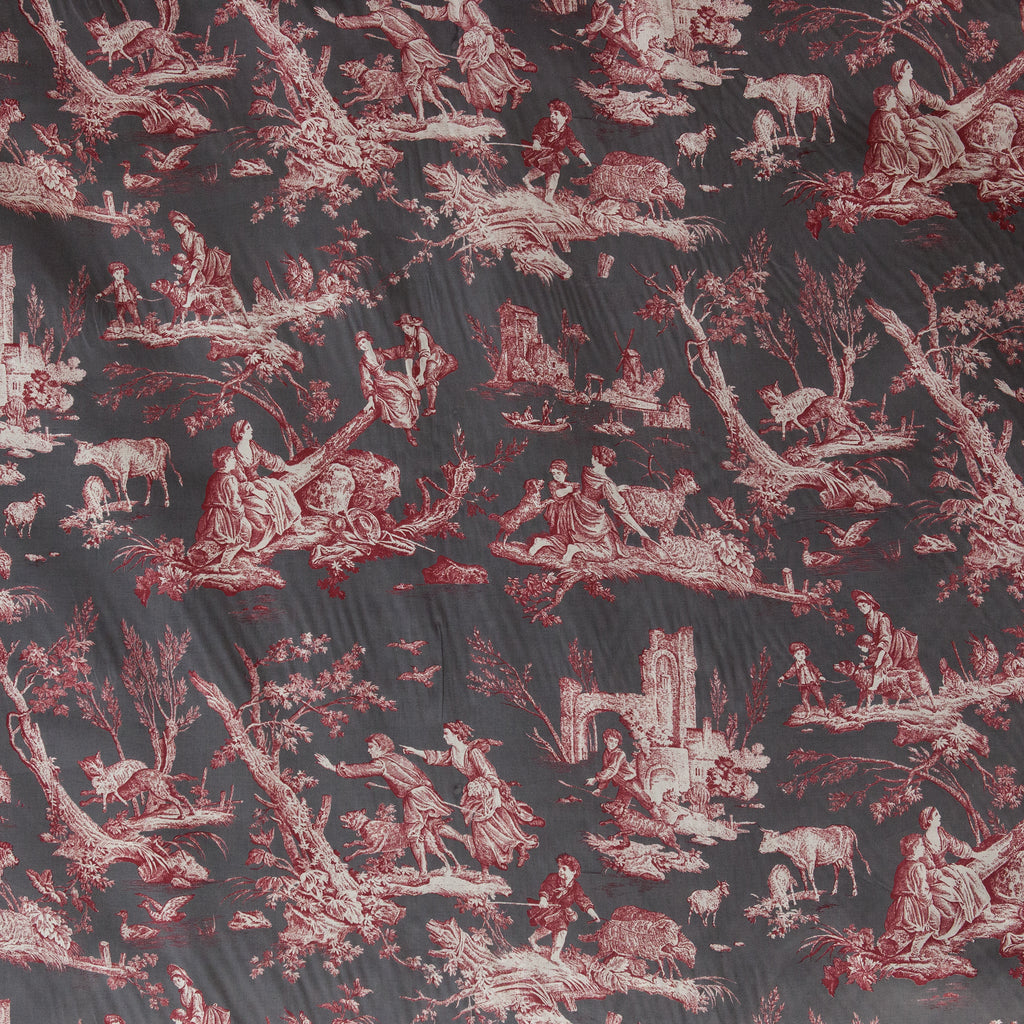 Textile with red and white landscape and figure pattern on a dark background
