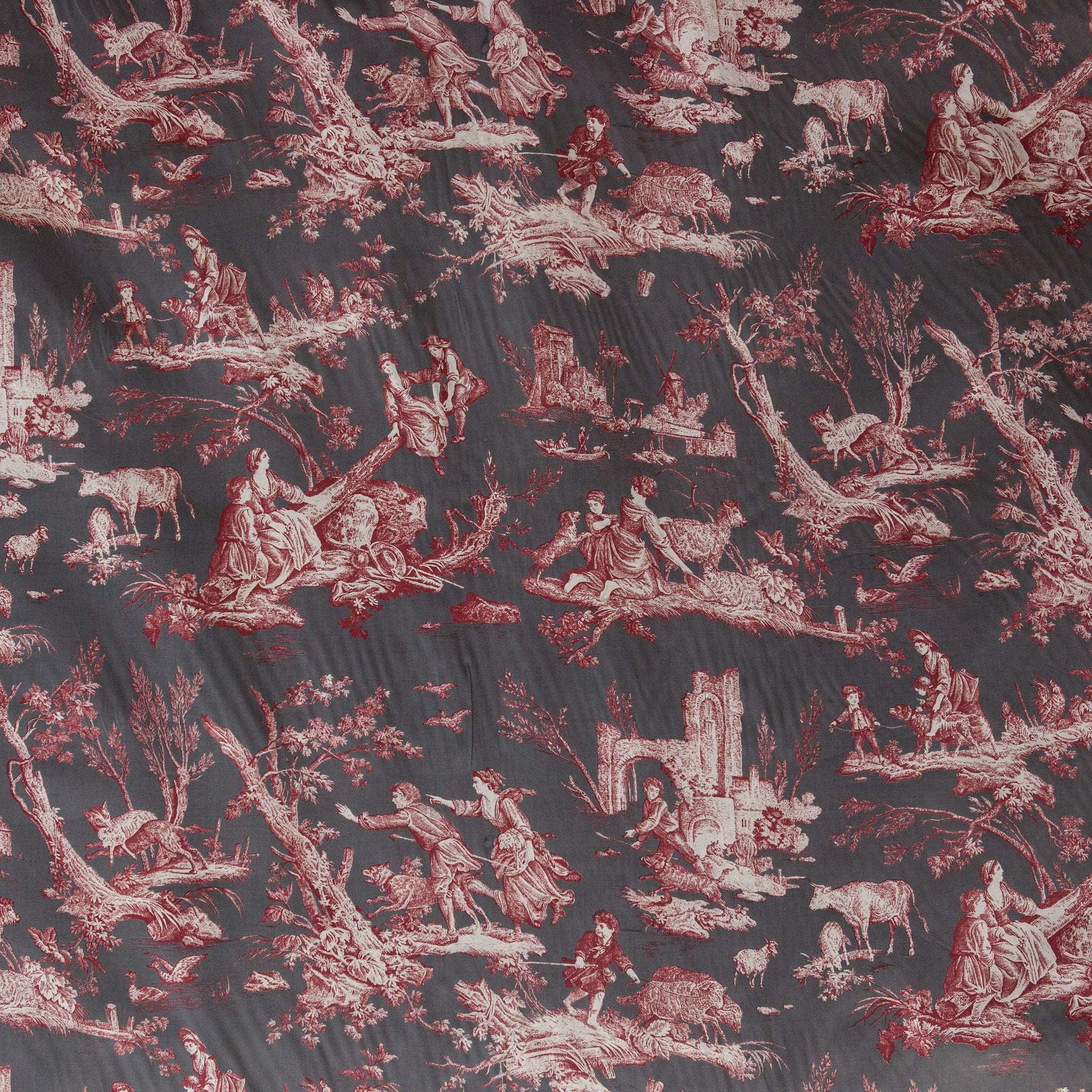 Textile with red and white landscape and figure pattern on a dark background
