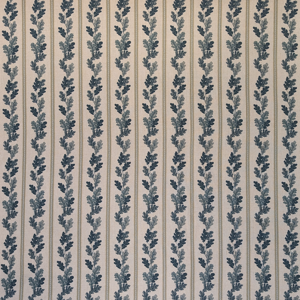 Striped linen fabric with blue oak leaves 