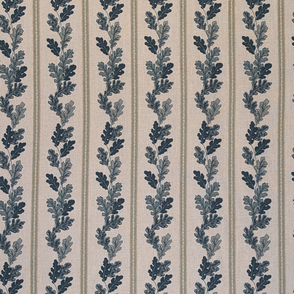 Striped linen fabric with blue oak leaves 
