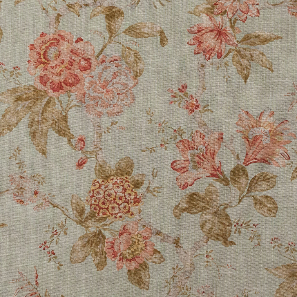 Floral patterned fabric with pink and brown flowers on a beige background