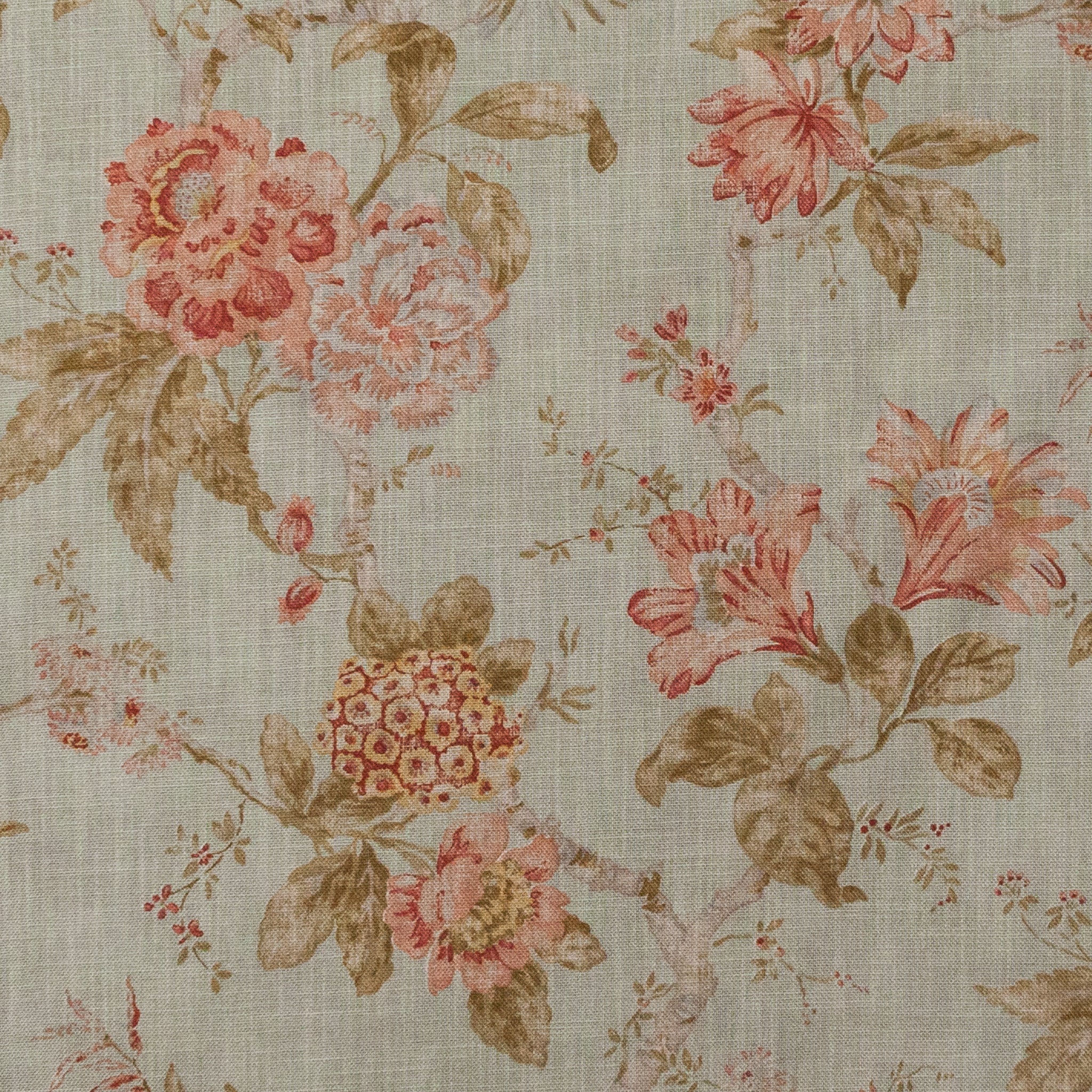 Floral patterned fabric with pink and brown flowers on a beige background
