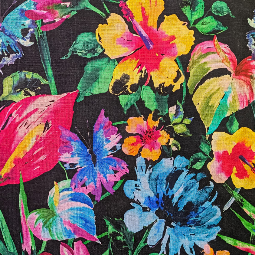 Vibrant yellow pink blue and green tropical floral print