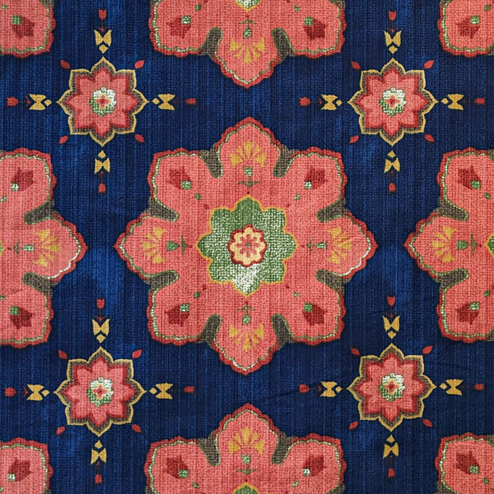 Patterned fabric with pink flowers and blue background