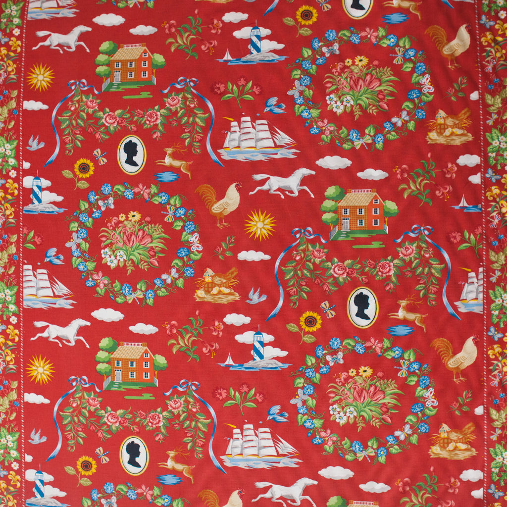 Colorful fabric pattern with various elements on a red background